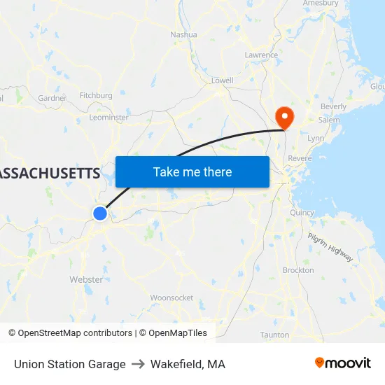 Union Station Garage to Wakefield, MA map