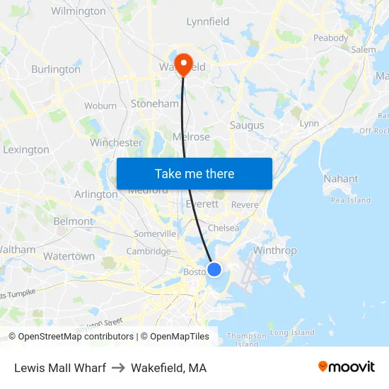 Lewis Mall Wharf to Wakefield, MA map