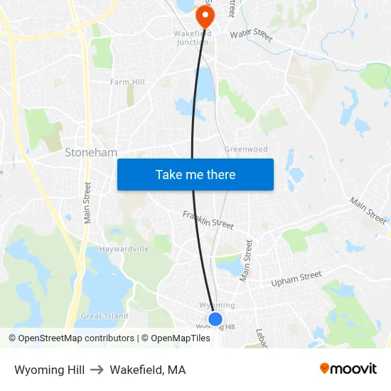 Wyoming Hill to Wakefield, MA map