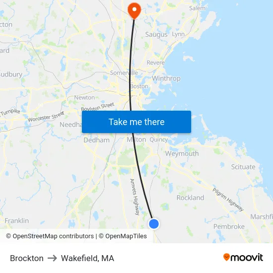 Brockton to Wakefield, MA map