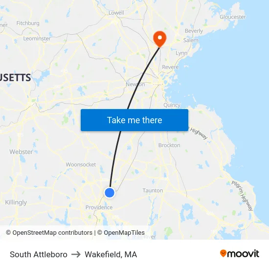 South Attleboro to Wakefield, MA map