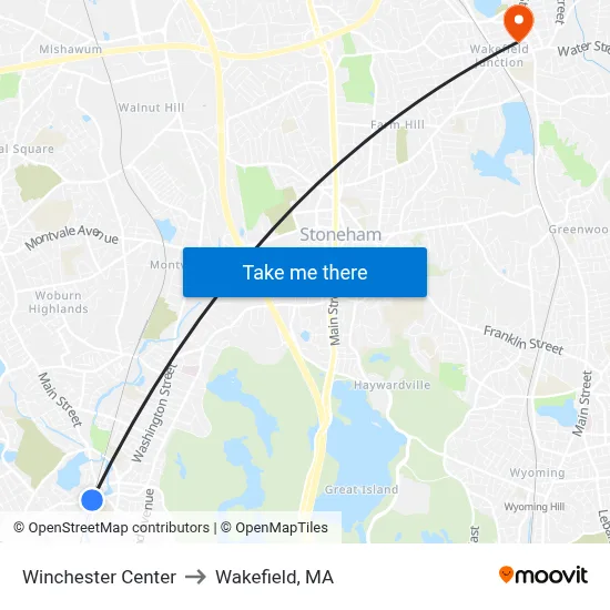 Winchester Center to Wakefield, MA map