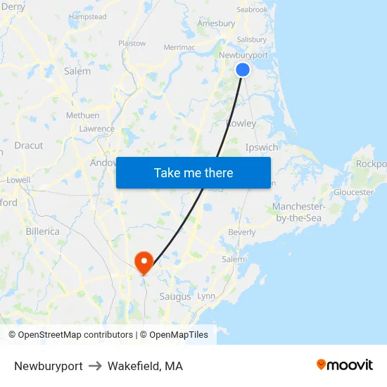 Newburyport to Wakefield, MA map