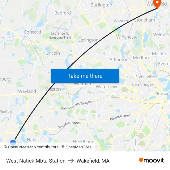 West Natick Mbta Station to Wakefield, MA map