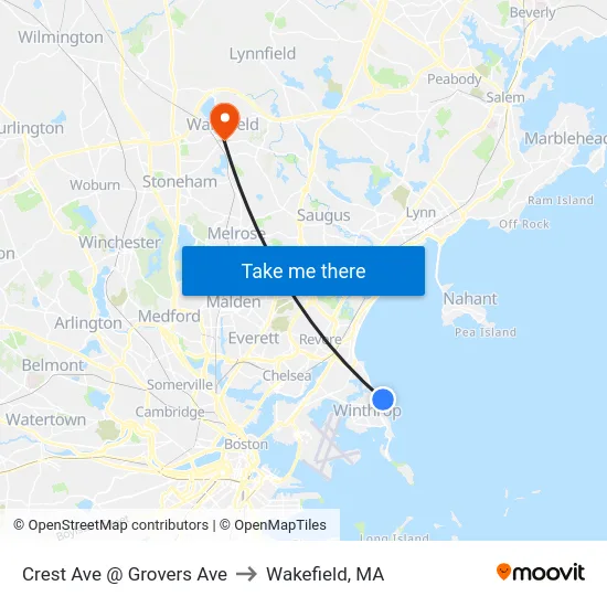 Crest Ave @ Grovers Ave to Wakefield, MA map