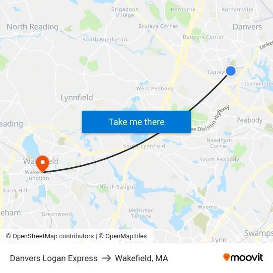 Danvers Logan Express to Wakefield, MA map