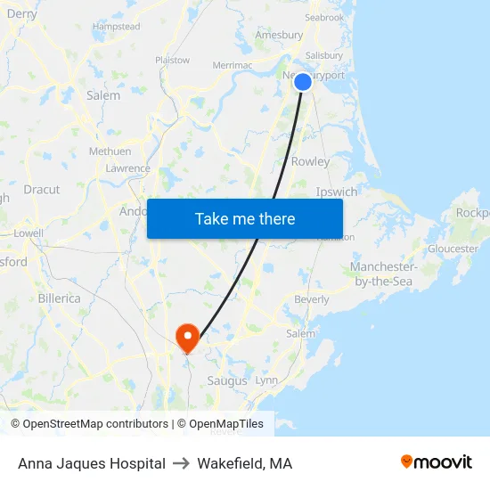 Anna Jaques Hospital to Wakefield, MA map