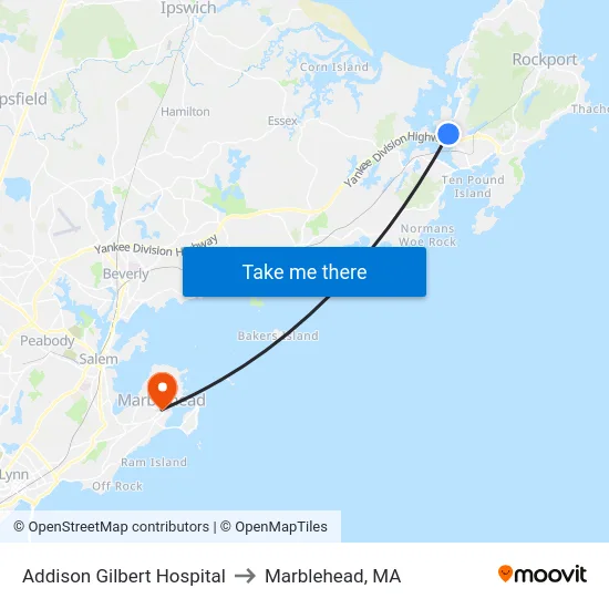 Addison Gilbert Hospital to Marblehead, MA map