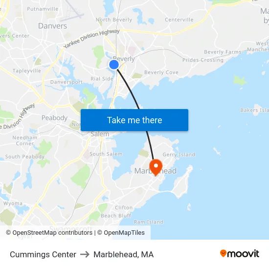 Cummings Center to Marblehead, MA map