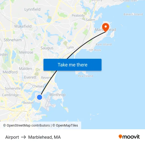 Airport to Marblehead, MA map
