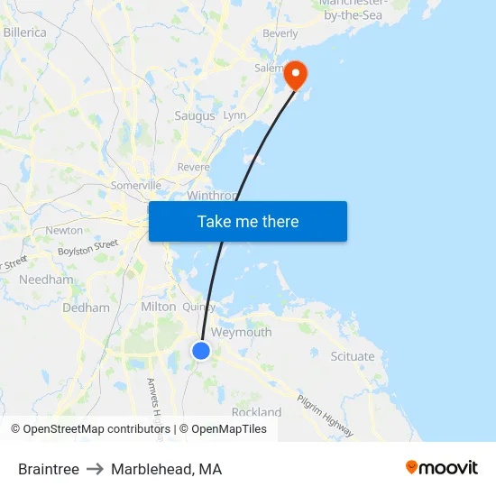 Braintree to Marblehead, MA map