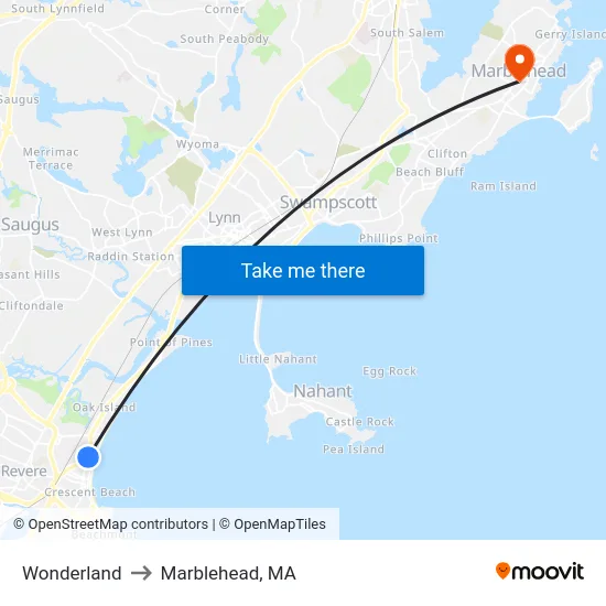 Wonderland to Marblehead, MA map