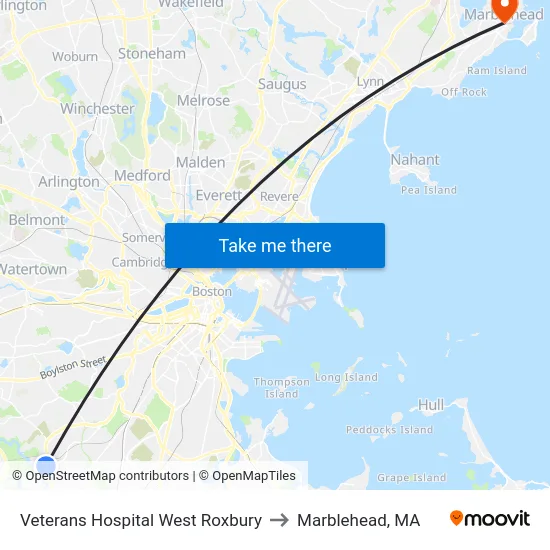 Veterans Hospital West Roxbury to Marblehead, MA map