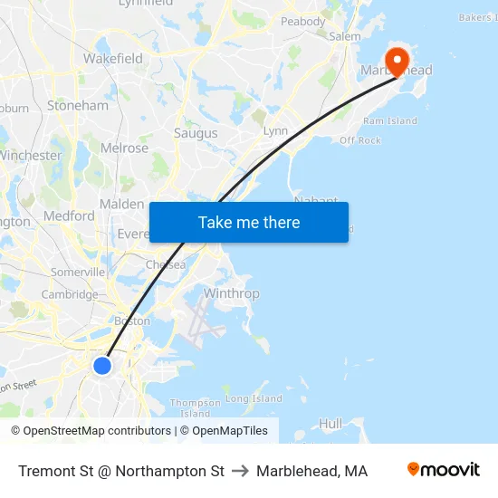 Tremont St @ Northampton St to Marblehead, MA map