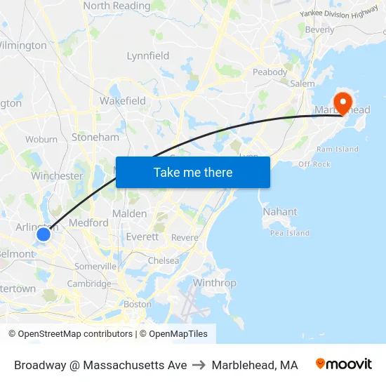 Broadway @ Massachusetts Ave to Marblehead, MA map
