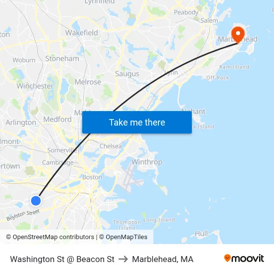 Washington St @ Beacon St to Marblehead, MA map