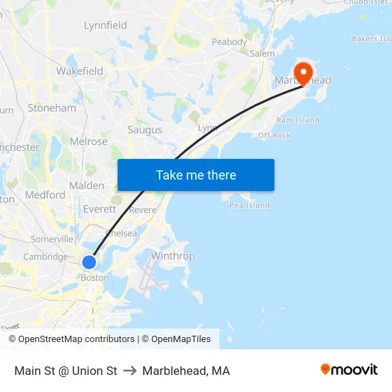 Main St @ Union St to Marblehead, MA map