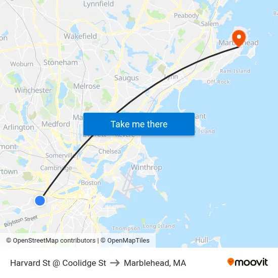 Harvard St @ Coolidge St to Marblehead, MA map