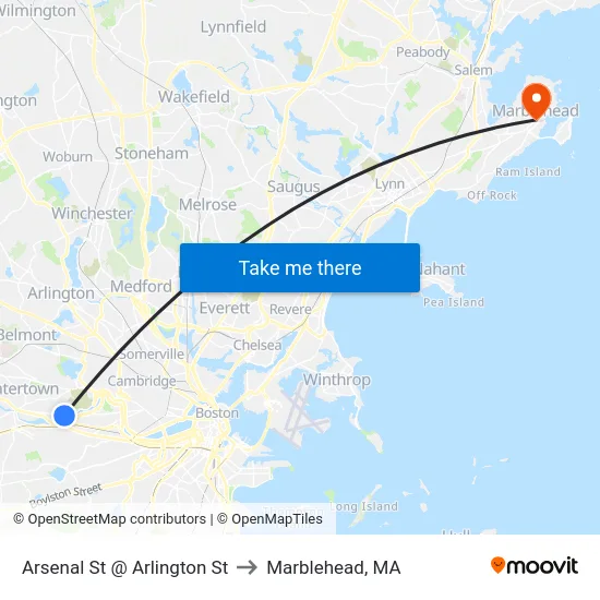 Arsenal St @ Arlington St to Marblehead, MA map
