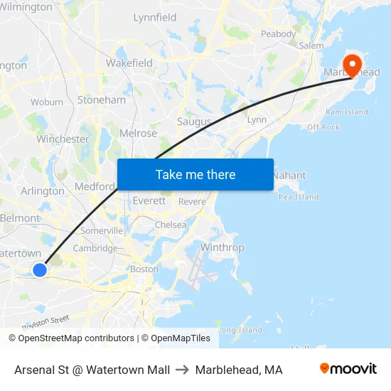 Arsenal St @ Watertown Mall to Marblehead, MA map