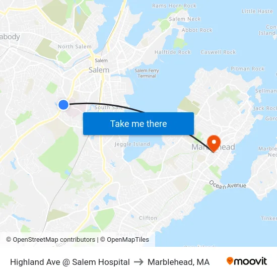Highland Ave @ Salem Hospital to Marblehead, MA map