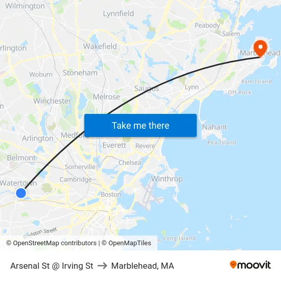 Arsenal St @ Irving St to Marblehead, MA map