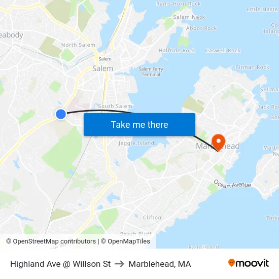 Highland Ave @ Willson St to Marblehead, MA map