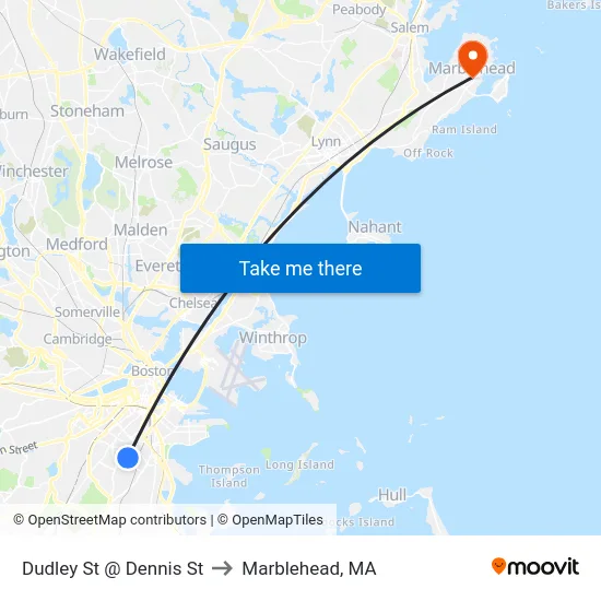 Dudley St @ Dennis St to Marblehead, MA map