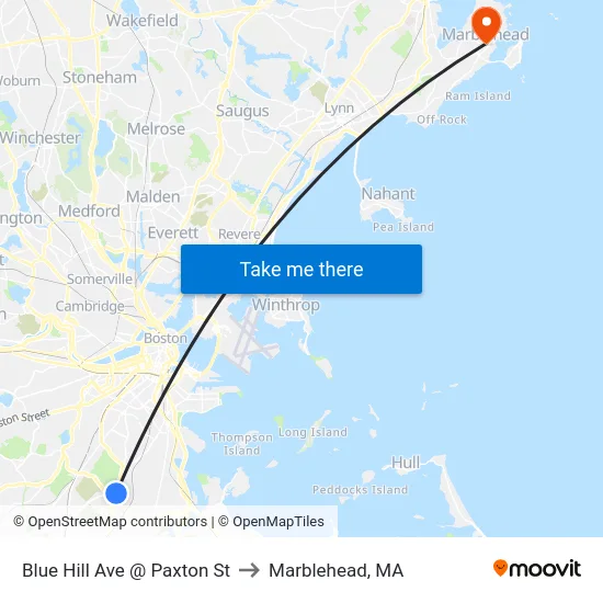Blue Hill Ave @ Paxton St to Marblehead, MA map
