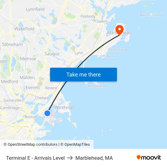 Terminal E - Arrivals Level to Marblehead, MA map