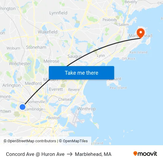 Concord Ave @ Huron Ave to Marblehead, MA map