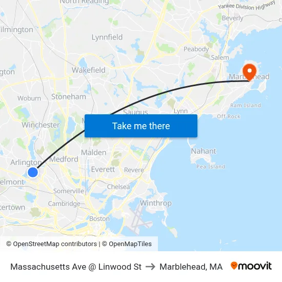 Massachusetts Ave @ Linwood St to Marblehead, MA map