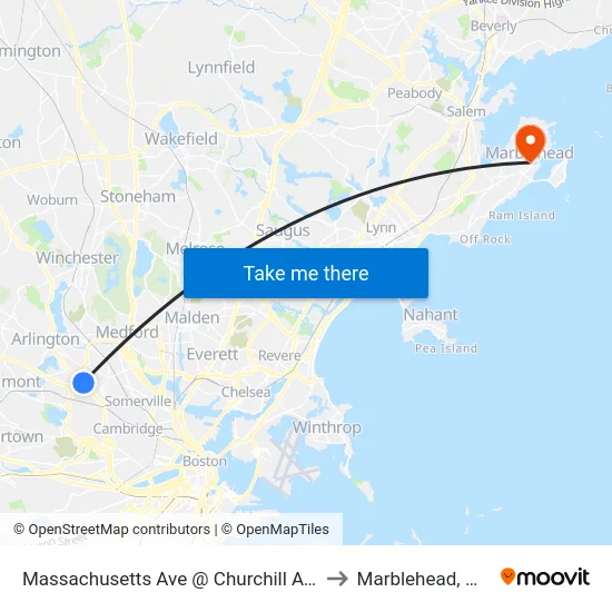 Massachusetts Ave @ Churchill Ave to Marblehead, MA map