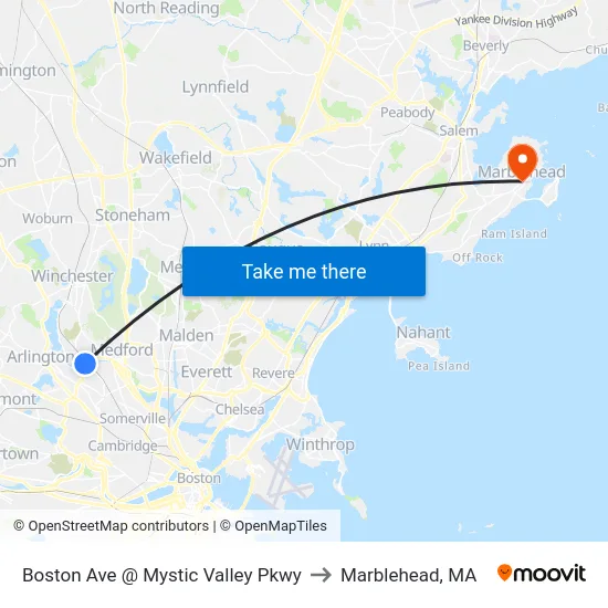 Boston Ave @ Mystic Valley Pkwy to Marblehead, MA map
