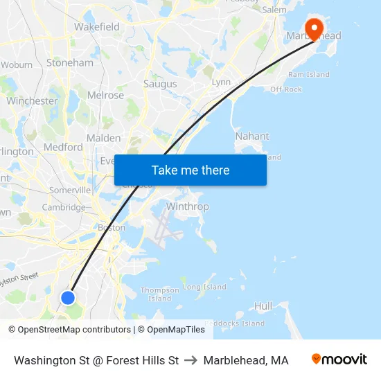 Washington St @ Forest Hills St to Marblehead, MA map