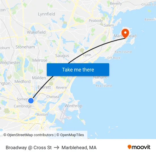 Broadway @ Cross St to Marblehead, MA map
