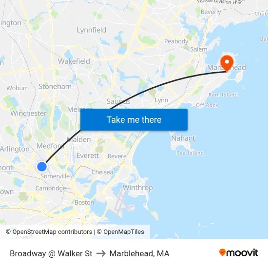 Broadway @ Walker St to Marblehead, MA map