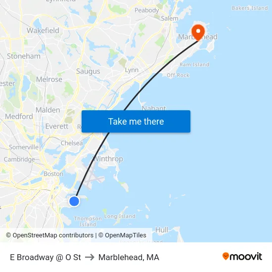 E Broadway @ O St to Marblehead, MA map