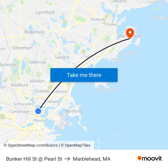 Bunker Hill St @ Pearl St to Marblehead, MA map