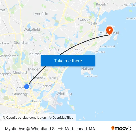 Mystic Ave @ Wheatland St to Marblehead, MA map