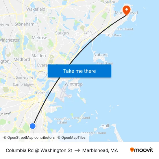 Columbia Rd @ Washington St to Marblehead, MA map