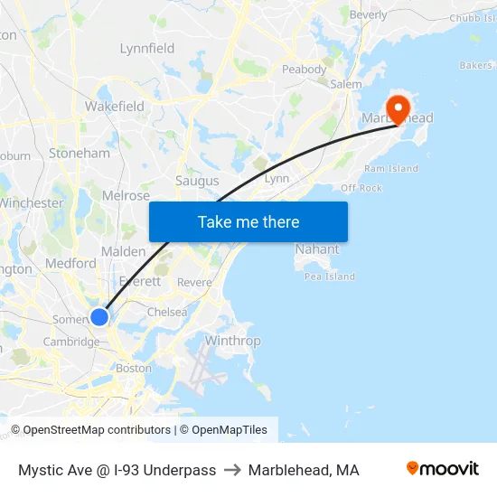 Mystic Ave @ I-93 Underpass to Marblehead, MA map