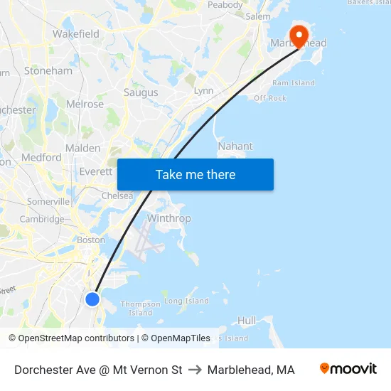 Dorchester Ave @ Mt Vernon St to Marblehead, MA map