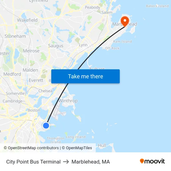 City Point Bus Terminal to Marblehead, MA map