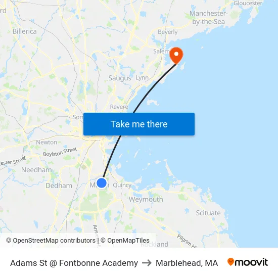 Adams St @ Fontbonne Academy to Marblehead, MA map