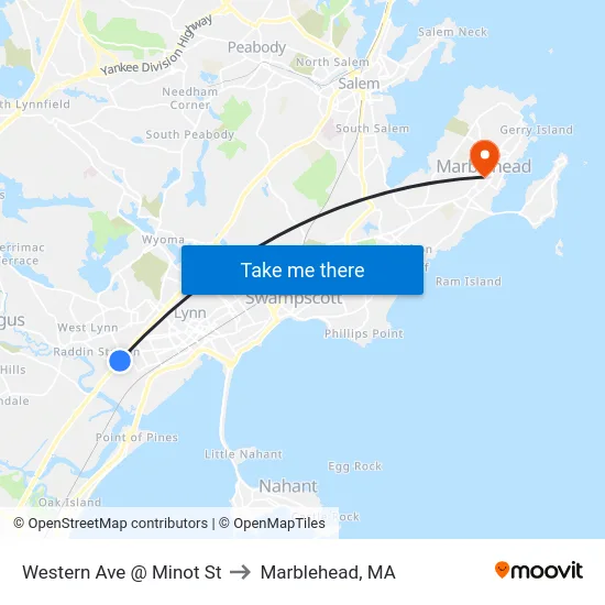 Western Ave @ Minot St to Marblehead, MA map