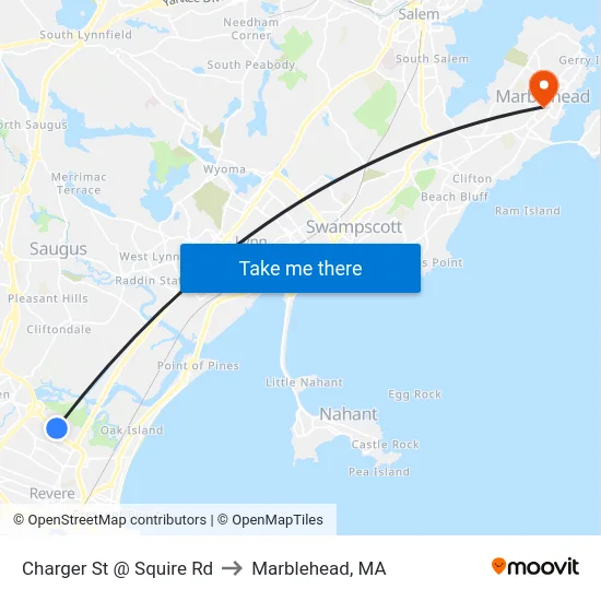 Charger St @ Squire Rd to Marblehead, MA map