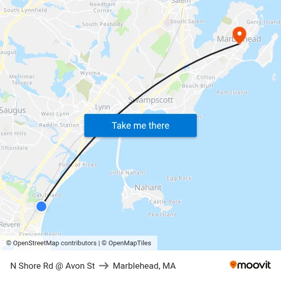 N Shore Rd @ Avon St to Marblehead, MA map