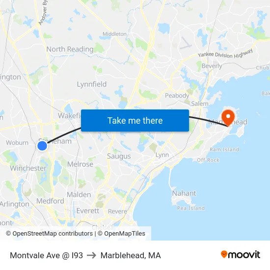 Montvale Ave @ I93 to Marblehead, MA map