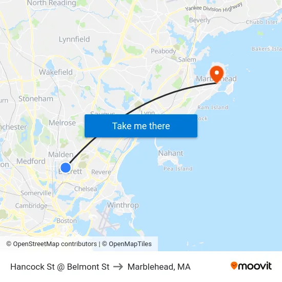 Hancock St @ Belmont St to Marblehead, MA map
